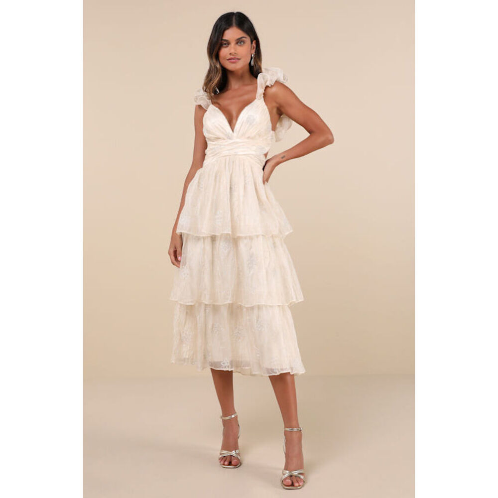 Lulus Whimsical Aura Champagne Embroidered Ruffled Lace-up Maxi Dress White